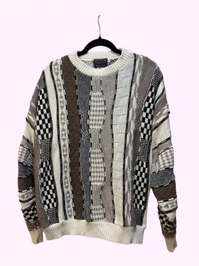 Men's Multi-Tone Patterned Crewneck Sweater - Beige/Cream